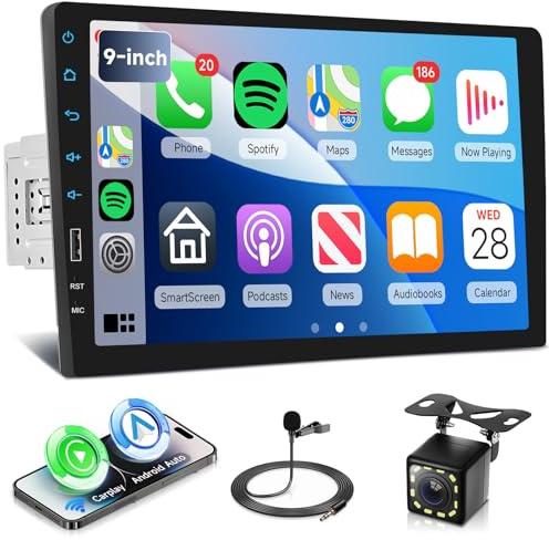 VECHTEL Radio de Coche 1 DIN con CarPlay Android Auto Inalambrico, 9 Pulgadas HD Pantalla Táctil Radio Coche Soporte Bluetooth Radio FM USB Mirror Link SWC Cámara Trasera