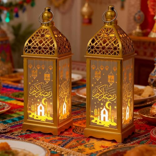 Ramadan Deko Laterne, 2 Stück LED Ramadan Licht Vintage Laterne, Islam Eid Mubarak Dekoration Ramadan Tischdeko Set, Mubarak Kleine Teelichthalter Nachtlicht für Muslimische Festival Dekorative (A)