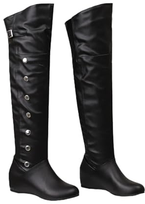 MEECHI Winter Overknee Stiefel Mit Schnalle Damen Fashion Reitstiefel Mit Niet PU-Leder Stretch Langschaft Boots Mit Keilabsatz,Frauen Retro High Heels Für Braut(Black,41 EU)
