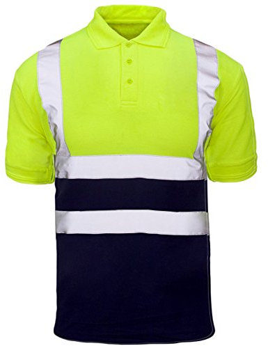 MyShoeStore Hi Viz Vis High Visibility Polo Shirt Reflective Tape Safety Security Work Button T-Shirt Breathable Lightweight Double Tape Workwear Top (Yellow/Navy Short Sleeve, 3XL)