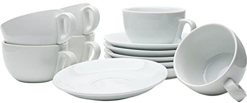 Gastro Spirit - 12-teiliges XL Cappuccino-Tassen Set - Weiß, 280 ml, Porzellan, dickwandig, spülmaschinenfest, italienisches Design - 6er Kaffee-Tassen Set mit Untertassen