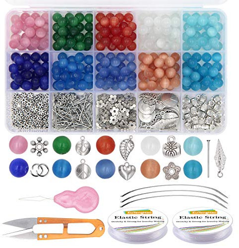 EuTengHao 488 Stück Katzenaugen-Glasperlen-Set, natürliche Edelsteine, runde lose Steinperlen mit Anhänger, Zubehör, offener Bindering, Abstandshalter, Perlen, Armband