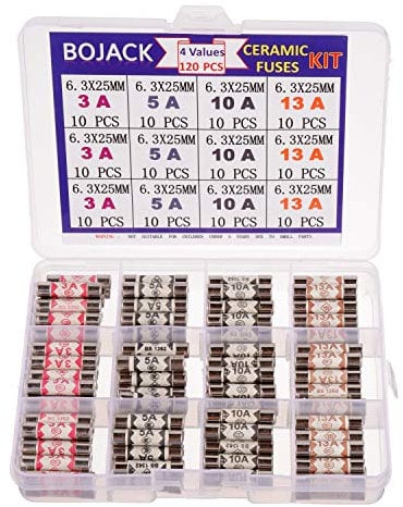 BOJACK 4 Values 120 pcs 3 5 10 13 A amp 240 V Volt Household Mains Plug Fuse 6.3x25 mm 0.25x1Inch BS1362 Ceramic Tube Cartridge Fuses Assortment Kit packag in a Clear Plastic Box