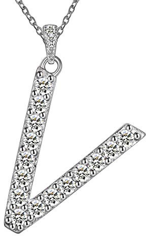 Simulierte Diamant Initial Halskette Hochzeit Anhänger Halskette Buchstabe V Halskette 925 Sterling Silber mit platiniertem Alphabet Anhänger Halskette mit Kette Geschenk für Frauen Mädchen FP0156V