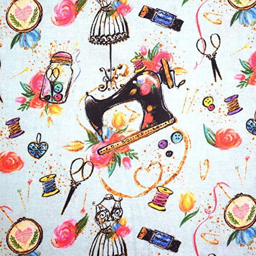 TRIXES Baumwollstoff - Originelles Print Design mit verschiedenen Motiven zum Thema Nähen - Stickerei Stoff - Polsterstoff - Schneiderei - Patchwork - 1M x 140cm ungefähre Größe