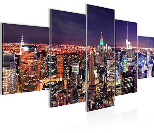 Runa Art Bild Wohnzimmer Büro New York Skyline 5 Teilig Städte Violett Lila Wandbilder auf Vlies Leinwand 036253a