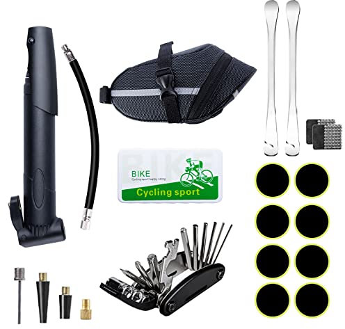 Bike Tool Kit, Bicycle Puncture Repair Kit, Bike Accessories with 16 in 1 Bike Multi Tool, Bicycle Pump, Tire Levers, Saddle Bag, Tire Patch Kit for Mountain Bike and Road Bike, Cycling Gifts for Men