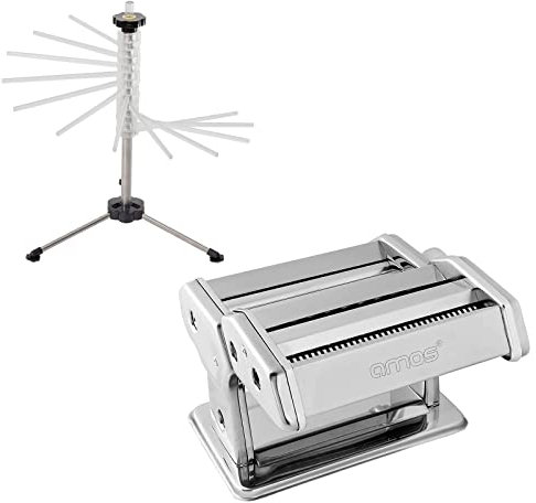 AMOS ® 3 in 1 Heavy Duty Stainless Steel Professional Fresh Pasta Lasagne Spaghetti Tagliatelle Maker Machine Cutter & AMOS Spiral Pasta Drying Rack - Pasta Maker Kit