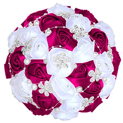 Handgefertigter Blumenstrauß aus Satin, Rosenstrauß, rund, 15,2 cm, Dunkelviolett, Rot und Weiß