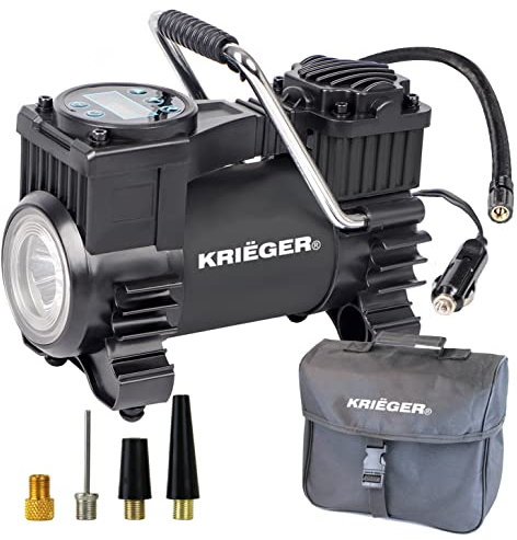 K KRIËGER Air Compressor Portable Tire Inflator, 12V DC Air Pump for Car Tires with Digital Tire Pressure Gauge, 120 Max PSI, Preset Pressure Feature, Led Lights & LCD Display - Includes Storage Bag