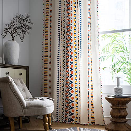 VOGOL Baumwoll-Leinen-Vorhänge mit Pompons und Quasten, Boho-Stangentasche, buntes Geo-Diamant-Muster, Fenstervorhang für Wohnzimmer, Büro, 1 Paneel Bohemian-Vorhang, 150 x 201 cm