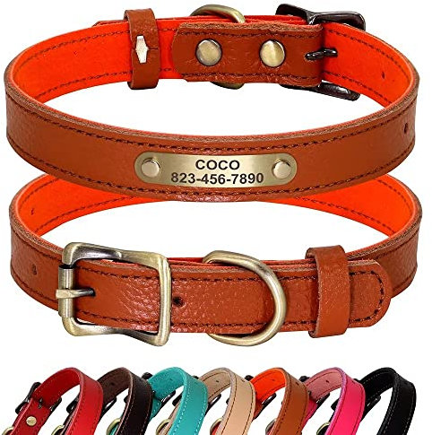 PET ARTIST Personalisiertes Hundehalsband aus echtem Leder, leicht und weich, 7 schöne Farben, langlebiges Hundehalsband für Welpen und kleine Hunde, Orange, Größe S