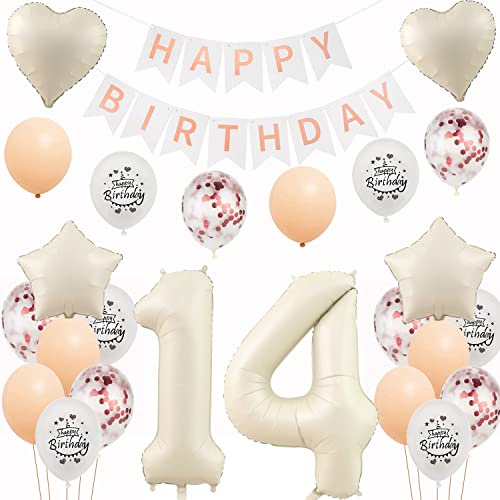 Weiß Luftballons 14. Geburtstag Dekoration Set - Folienballons, Geburtstagdeko für Mädchen