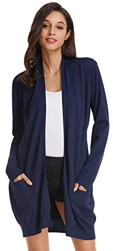 GRACE KARIN Damen Langarm Strickjacke Lang Sweater High Stretchy Casual Cardigan Knitwear mit Taschen XL Navy Blau