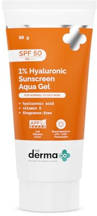 The Derma Co Sonnencreme Gesicht SPF 50 PA++++ mit 1% Hyaluronsäure, Leichtes Aqua-Gel für Fettige Haut & Mischhaut, Kein Weißer Film, Schnell Einziehender UV-Schutz für Empfindliche Haut, 80 g