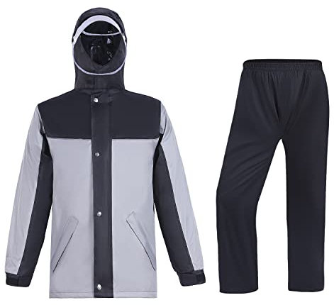 7VSTOHS Combinaison de pluie unisexe imperméable à capuche pour moto, cyclisme, vêtements de pluie coupe-vent, gris clair, L