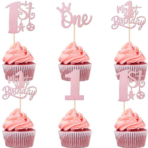 24 Stück One Tortendeko Glitzer Krone 1st Geburtstag Cupcke Toppers One Jahr alt Kuchen Deko für Baby Dusche Kinder Jungen Mädchen Erster Geburtstag Party Kuchen Dekorationen Rosa