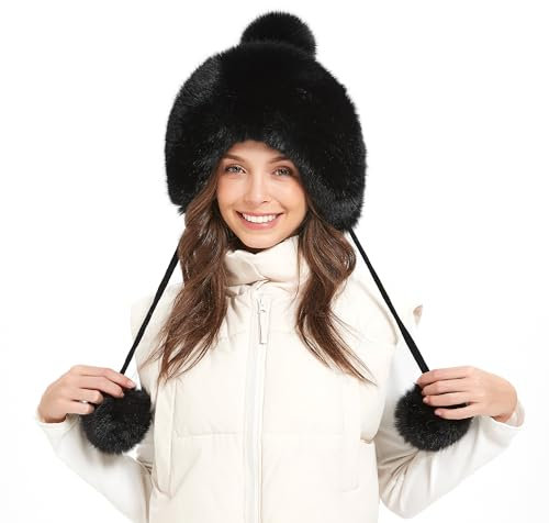 Frauen Wintermütze Kunstpelz Beanie Mütze mit Fuzzy Pom Pom Stricken Trapper Hut niedlich Schneemütze Winddicht volle Kapuze Ohrenklappe