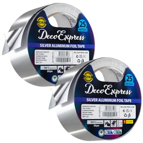 DECO EXPRESS Ruban Adhésif Aluminium, Ruban Scellant Métallique 45mm x 10/25/50m, Ruban Adhesif Haute Temperature pour Réparation Travaux Bricolage (25 M - 2 Pièces)