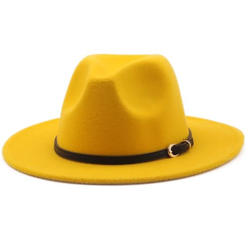 HEYANN Fedora Hut Damen Herren Klassische mit breiter Krempe mit Gürtelschnalle Filz Unisex Trilby-Hut Herren Panama Hut Jazz Hut für Damen Herren (L, Gelb)