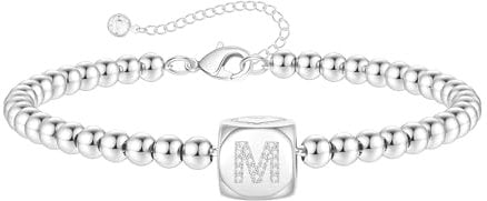 TINGN Armband Damen Silber, Weißgold Plattiert Mit Buchstaben Initiale M, Verstellbar Perlen Armkette für Frauen Mädchen Schmuck