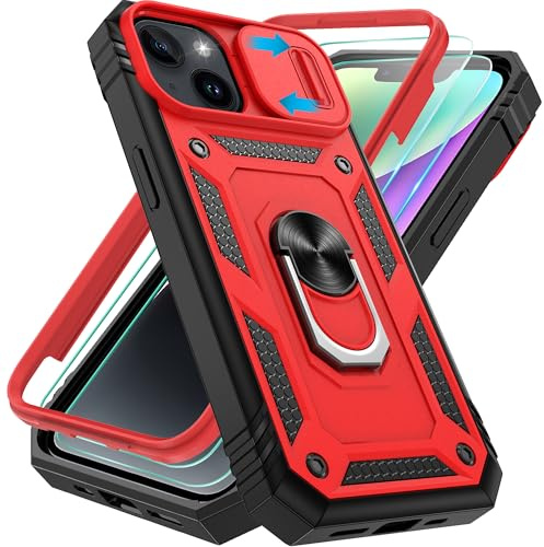 Pilaru 3 in 1 for iPhone 13/14 Case | With Front Frame | [Separate] 2 Screen Protector & Kickstand Ring & Camera Cover Military Grade Drop Shockproof Protection for iPhone 13/14,Red/Black
