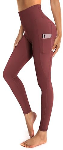 OUGES Damen Sport Leggings High Waist Leggins Yogahose Blickdichte Sporthose mit Taschen (Rot,M)