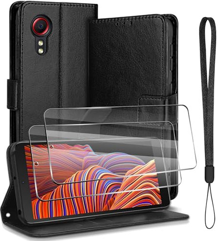 Seltureone Handyhülle für Samsung Galaxy Xcover 5 mit 2 Stück Panzer Schutz Glas, Premium PU Leder Hülle, Klappbar Flip Stoßfeste, Klapphülle mit Tasche Magnet Kartenfach Standfunktion - Schwarz