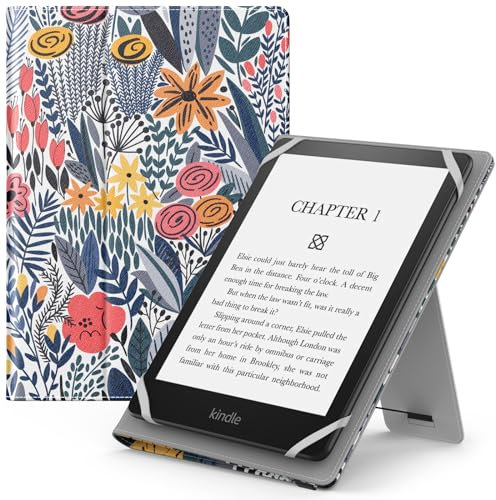 MoKo Funda Universal para 6,6.8,7 Kindle eReaders Fire Tableta - Kindle/Kobo/Voyaga/Lenovo/Sony Kindle E-Book E-Reader Tableta, Carcasa Folio con Correa de Mano y Soporte, Flor de Hoja Azul