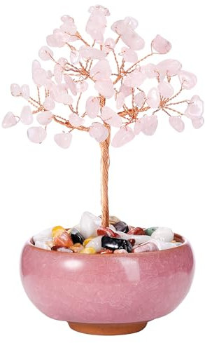 CrystalTears Rose Quartz Crystal Tree Copper Wire Wrapped Gemstone Tree Life Feng Shui Money Tree Pink Handmade Stone Tree for Home Office Decor Crystal Gifts for Christmas Birthday Good Luck