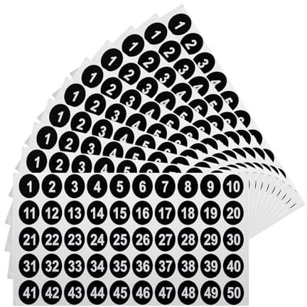 QUARKZMAN 10 Blätter Runde Nummer Aufkleber 1-50 PVC Fortlaufende Nummer Etiketten Selbstklebende Nummer Aufkleber für Büro Klassenzimmer Box Lagerung Schwarz(1 Jede)