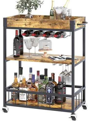 Huhote Servierwagen, Küchenwagen, Barwagen mit Rollen, Weinwagen mit Flaschenhalter, 3 Etagen, Getränkewagen für Wohnzimmer, Esszimmer, Küche, Bar, Party, Braun Holzmaserung
