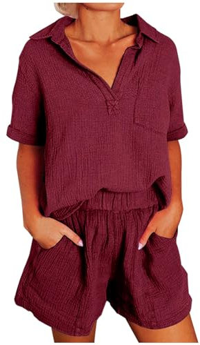HAOLEI Zweiteiliger Damen Anzug Aus Baumwolle Und Leinen Mit Kurzen Ärmeln Und Tasche, Musselin Set Lockere Und Atmungsaktive, Sommer Outfits Leicht Und Luftig, Günstig Hausanzug Elegant Schicke