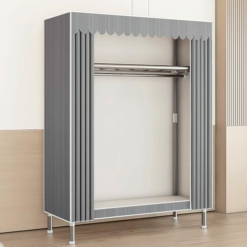 DETMOL Kleiderschrank,Grauer tragbarer Kleiderschrank mit Vorhang,20 mm Durchmesser,tragbare Kleiderschränke zum Aufhängen von Kleidung mit grauem Oxford-Bezug,Verbindung aus vollständig legiertem