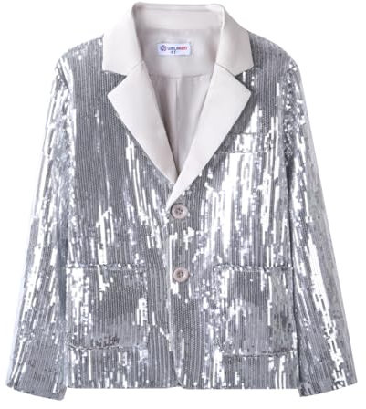 Mädchen-Blazer mit Pailletten, langärmelig, gekerbtes Revers, Knopfleiste, Anzugmantel mit Taschen, silber, 14 Jahre