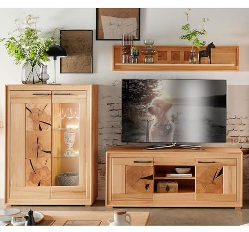 Lomadox Wohnmöbel Set Wohnwand Kernbuche massiv geölt montiert 3-teilig Modern, Highboard, Wandboard, Lowboard