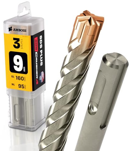 SDS Plus Hammerbohrer 4X Schneiden PGM Ø 9.0mm x 95mm - AMBOSS Werkzeuge SDS Crusher 4 - HM Betonbohrer Hartmetall Profi Bohrer 9.0 mm x 95 - Steinbohrer Stahlbeton Mauerwerk Ziegel Kalksandstein