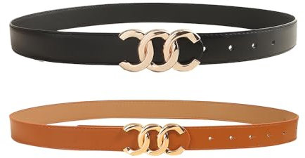 FDEETY 2 pack Damen Ledergürtel für Jeans Verstellbarer Klassisch Dekorativen Gürtel Hosen Kleider Mode Schnalle Gold