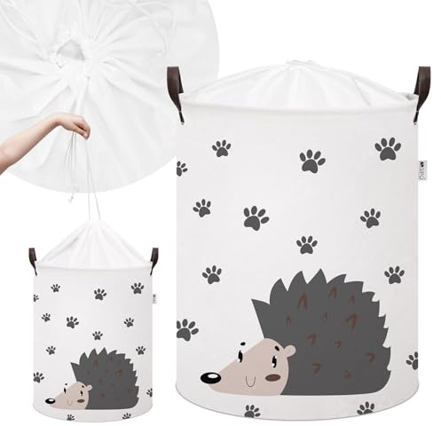 SIPO Spielzeugkorb XL 43L Igel Tiermotiv aus Baumwolle Canvas Großer Aufbewahrungskorb fürs Kinderzimmer für Wäsche Bausteine Kuscheltiere Kleidung Faltbar mit Griffen und Kordelzug