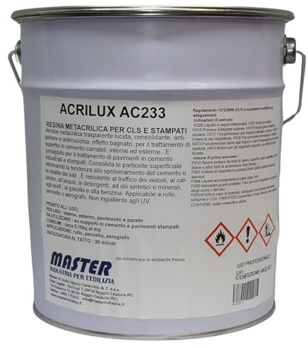 Resina Trasparente Lucida Monocomponente Metacrilica Cemento Pavimenti Pareti Pavimenti Stampati Garage Parcheggi Cucina Piscina Effetto Bagnato Resistente (4,6 LT) Acrilux