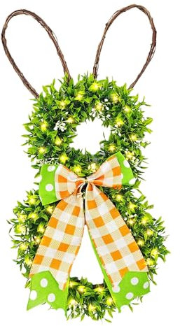 Skeadex Osterkranz Haustür LED Kranz Türkränze Hase Künstliche Osterkranz Tür Hanged Osterdeko Tür Ostern Hase Kranz mit LED Licht Türkranz Frühling für Haustür Wand Torbogen (02)
