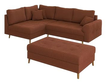 S-Style Möbel Set Ecksofa Hocker Eckcouch Sofa Couch Mit Kissen Schlaffunktion Sitzhocker 4 Sitzer L Form 2 Stück Links Massivholzfüße Braun Freistehend Cord Stoff Milo Terrakotta