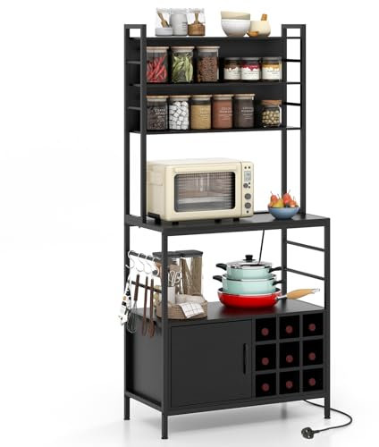 TANGZON Baker’s Rack with Power Outlet, Metal Frame Microwave Stand with Wine Rack, Cabinet & 4 Hooks, Utility Kitchen Shelves Organiser Coffee Bar Stand for Spices Pots Pans (Black)