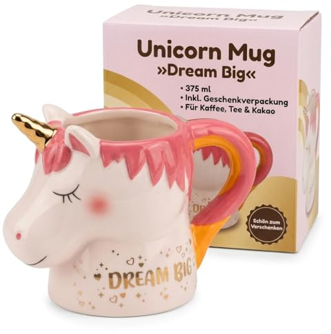 MIJOMA Kaffeebecher Einhorn Dream Big 375 ml – Keramikbecher mit goldenem Horn & Spruch – Unicorn Tasse aus Dolomit, 15x11 cm, für Kaffee, Tee & Kakao