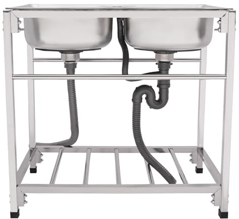 Fregadero doble comercial de acero inoxidable fregadero de cocina independiente lavabo multifunción 83 x 44 x 77 cm fregadero exterior fregadero restaurante para cocinas, bares, restaurantes