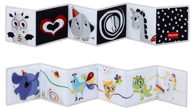 Tiny Love Livre d'éveil Bébé Recto Verso, 0 Mois+, Livre Sensoriel Bébé, Noir et Blanc, 7 Activités Ludiques, Soutient Les Sens, Motricité et Vue, Jouet pour Le Ventre, Born to Party