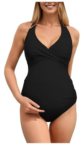 Maternity One Piece Swimwear Front Cross Pregnancy V Neck Bikini Ruffle Pregnant Bathing Suit Maternity Swimming Costume One Piece Pregnant Swimsuit for Women Swimwear Pregnancy Bathing Suit