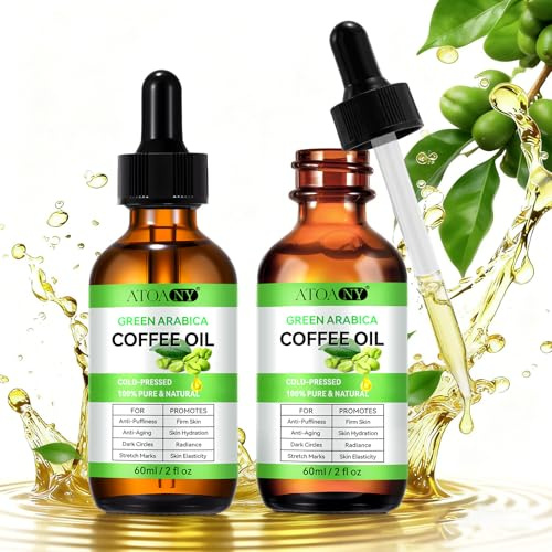 2PCS Kaffeeöl Gegen Falten -100% Rein und Natürlich Grünes Arabica-Kaffeeöl | Kaffeeöl Hautpflege für Gesicht Körper Haare | Kaffeeöl Gesicht Anti-Puffiness & Firm Skin | Kaltgepresst & Vegan