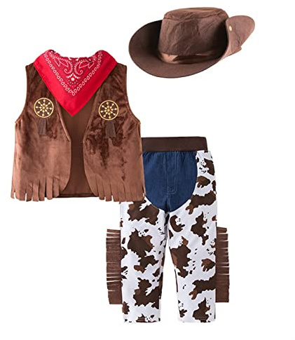 Generico Vestito Costume Set da Cowboy con Bandana Rossa e Cappello per Bimbo e Bambino, Marrone