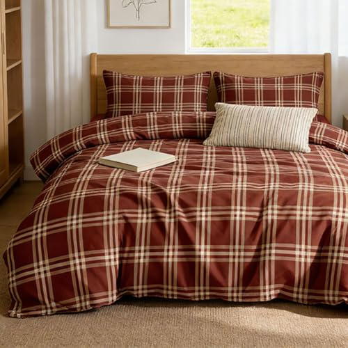 AShanlan Bettwäsche 135x200 Braun Rot Kariert Bettbezug und Kissenbezug 80x80 cm ÖkoTex Zertifiziert Karomuster Microfaser Terracotta Bettwäsche-Sets mit Reißverschluss